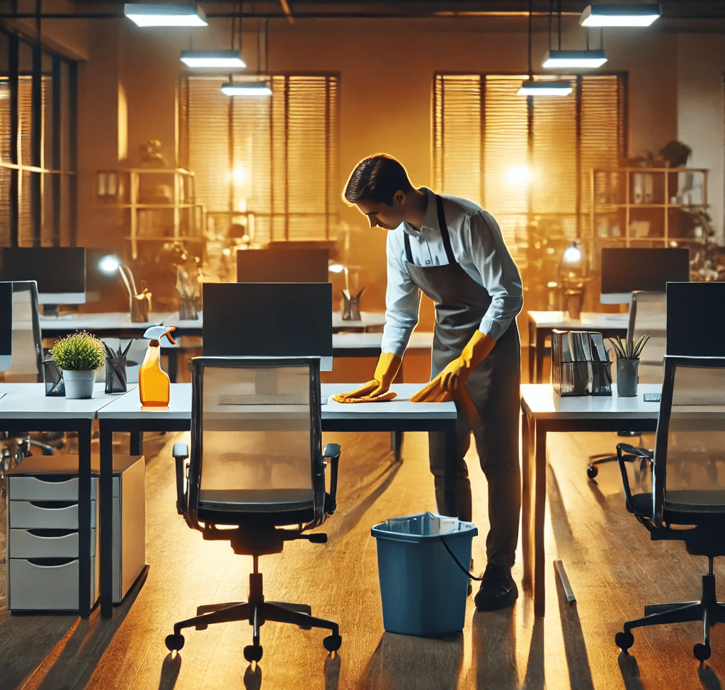 Un agent de nettoyage souriant effectuant un nettoyage minutieux sur un bureau dans un open space vide, illustrant les prestations de nettoyage après les heures de travail dans un environnement professionnel moderne.