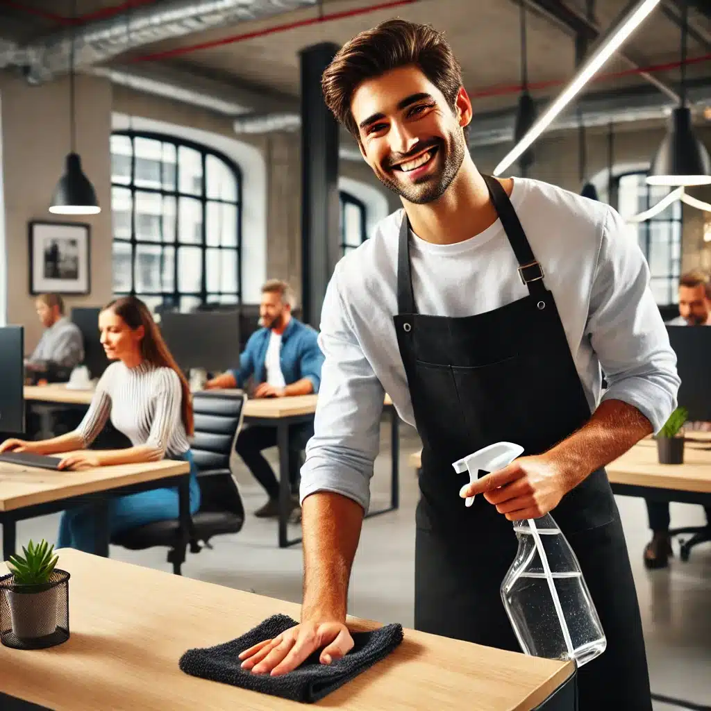 Un agent de nettoyage souriant, essuyant un bureau avec un chiffon dans un open space moderne à Paris. À l’arrière-plan, des employés concentrés travaillent à leurs postes dans une ambiance professionnelle et lumineuse. Cette scène illustre le nettoyage efficace dans un environnement de bureau actif.