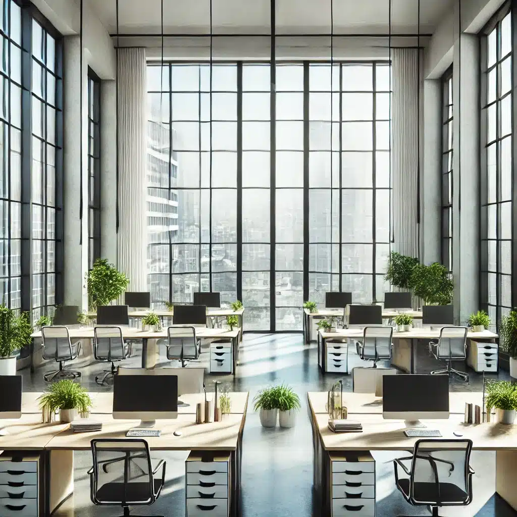 Un bureau propre et moderne à Paris, avec une ambiance professionnelle, des fenêtres panoramiques et une organisation soignée pour un environnement de travail optimal.